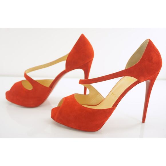 Christian Louboutin Catchy Two Platform Peep Toe Pumps SZ 41 11 Loubi Red Suede - Picture 9 of 9